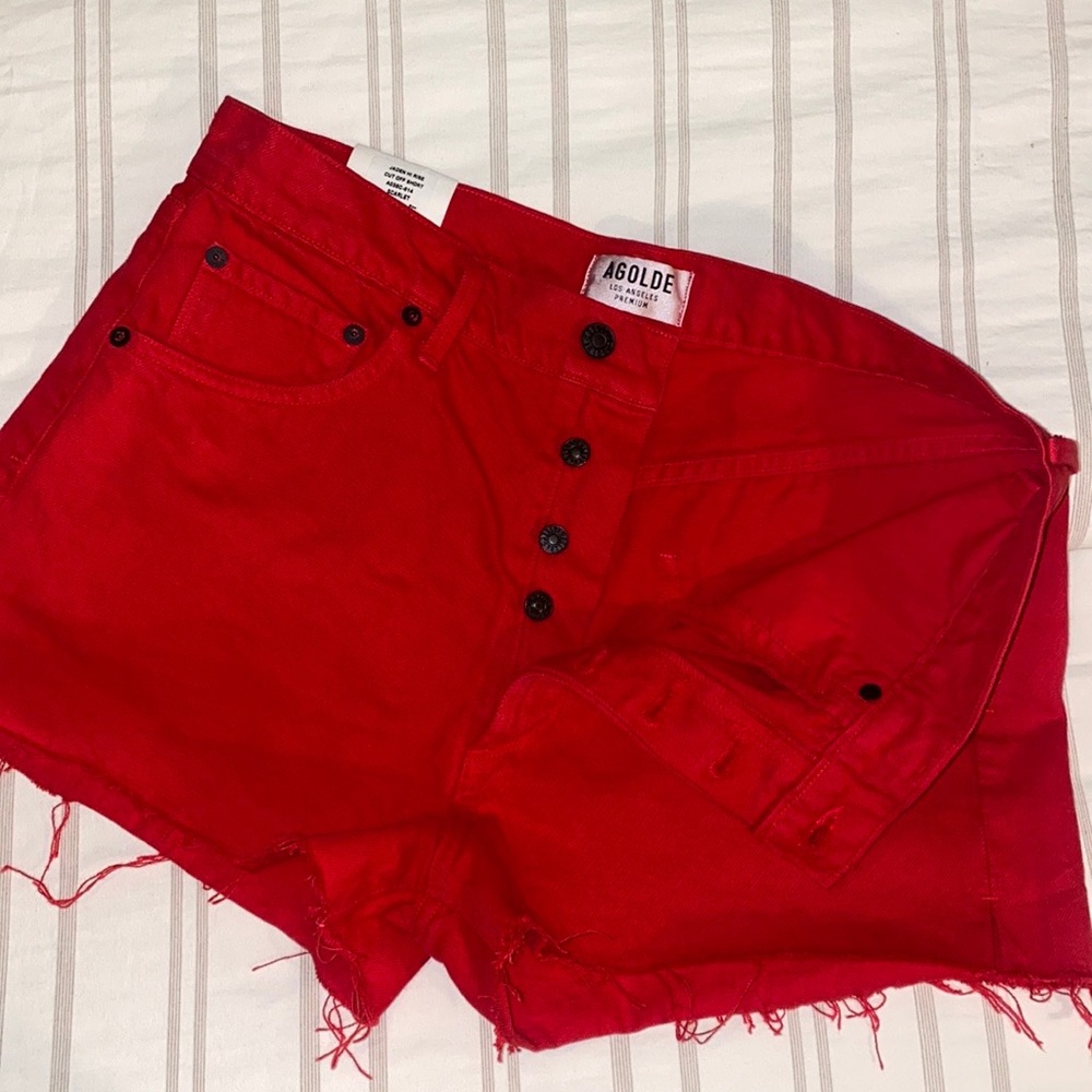 Agolde denim red jeans shorts with black buttons